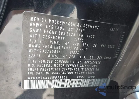 2016 Volkswagen Tiguan Se z USA, uszkodzony, nr VIN WVGAV7AX1GW573504